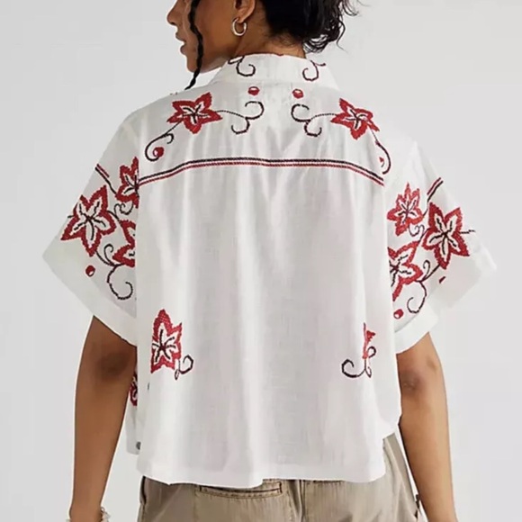 Free People We the Free Wildflower Embroidered Top Cuffed Sleeve Button Down Top - Picture 3 of 6